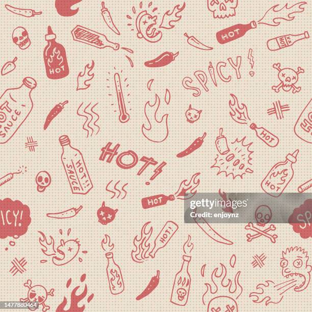 ilustrações de stock, clip art, desenhos animados e ícones de seamless spicy hot sauce doodles - pimentão