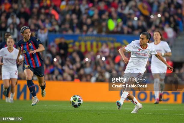 Andressa Alves in action during the UEFA Women's Champions League quarter-final 2nd leg match between FC Barcelona and AS Roma at Spotify Camp Nou on...