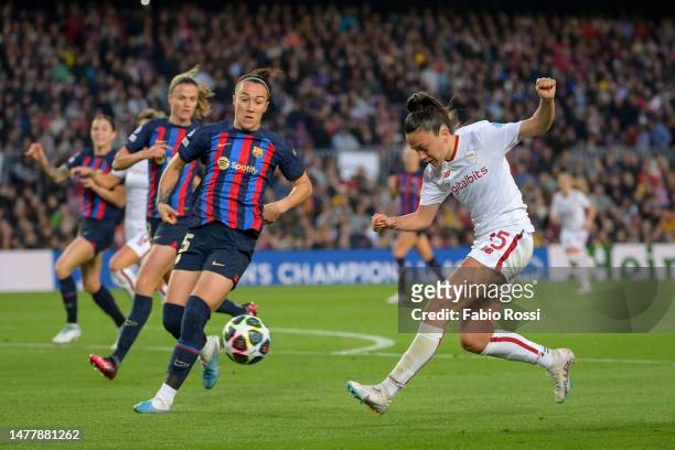 Annamaria Serturini in action during the UEFA Women's Champions League quarter-final 2nd leg match between FC Barcelona and AS Roma at Spotify Camp...