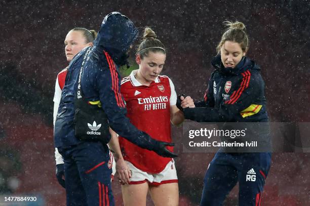 Kim Little of Arsenal is substituted following an injury during the UEFA Women's Champions League quarter-final 2nd leg match between Arsenal and FC...