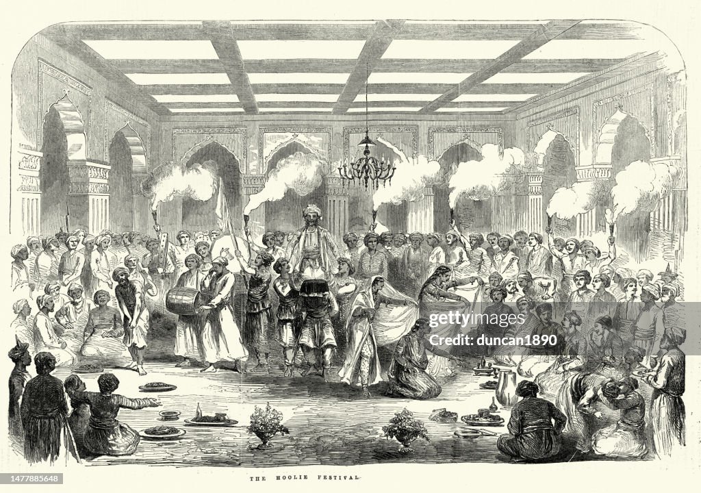 Festival Holi India, un festival hindú popular y significativo celebrado como el Festival de Colores, Amor y Primavera, 1850, siglo 19