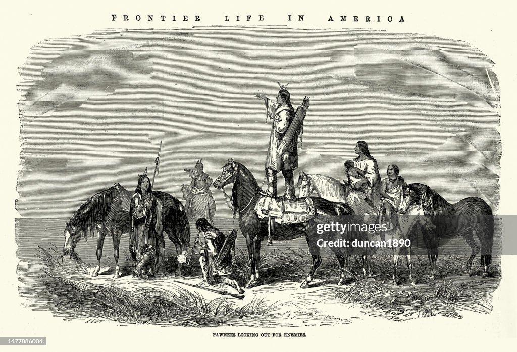 Pawnees native americans looking out for enemies, standing on back of horse, Wild West, Scenes of Frontier life in America, 1850s, 19th Century