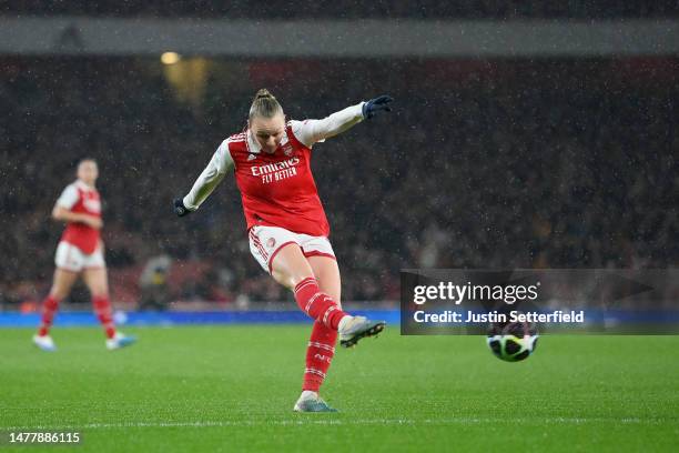 Frida Maanum of Arsenal scores the team's first goal during the UEFA Women's Champions League quarter-final 2nd leg match between Arsenal and FC...