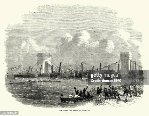 the university boat race 1858, oxford vs cambridge, 1850s, 19th century - putney stock illustrations