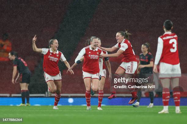 Frida Maanum of Arsenal celebrates with teammates after scoring the team's first goal during the UEFA Women's Champions League quarter-final 2nd leg...