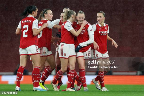 Frida Maanum of Arsenal celebrates with teammates after scoring the team's first goal during the UEFA Women's Champions League quarter-final 2nd leg...