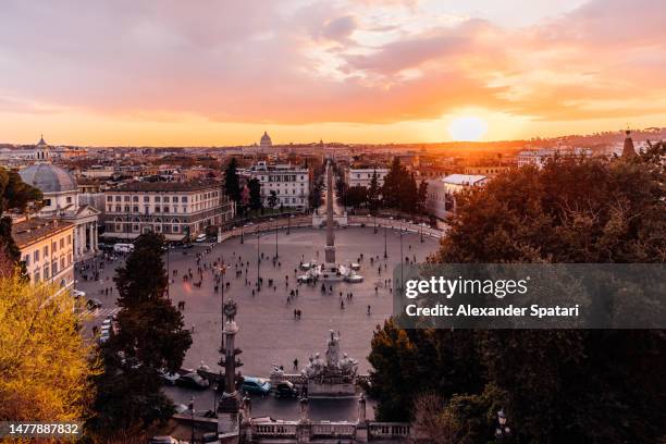 rome skyline with piazza del popolo at sunset, italy - vatican city aerial stock pictures, royalty-free photos & images