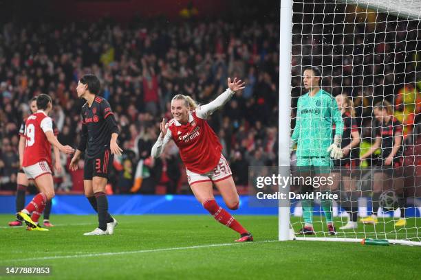 Stina Blackstenius of Arsenal celebrates after scoring the team's second goal during the UEFA Women's Champions League quarter-final 2nd leg match...