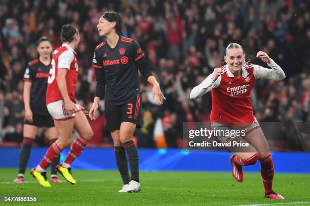 Stina Blackstenius of Arsenal celebrates after scoring the team's second goal during the UEFA Women's Champions League quarter-final 2nd leg match...