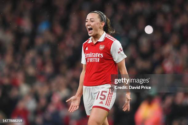 Katie McCabe of Arsenal reacts after Stina Blackstenius scored the team's second goal during the UEFA Women's Champions League quarter-final 2nd leg...