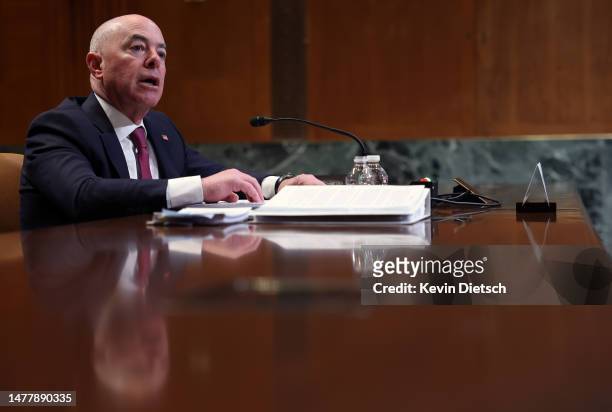 Secretary of Homeland Security Alejandro Mayorkas testifies before the Senate Appropriations Committee on March 29, 2023 in Washington, DC. Mayorkas...