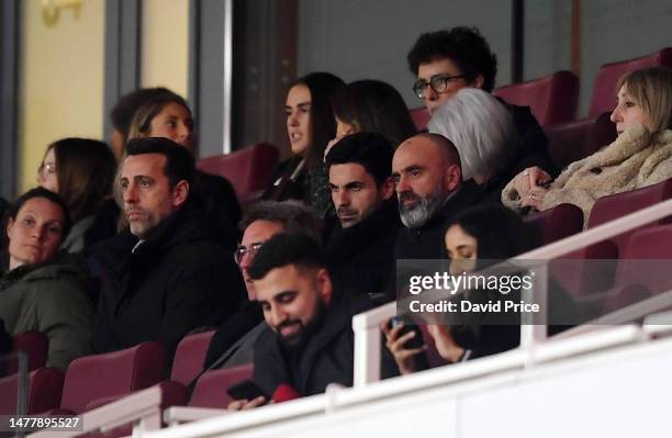 Mikel Arteta, Manager of Arsenal and Edu Gaspar, Sporting Director of Arsenal look on during the UEFA Women's Champions League quarter-final 2nd leg...