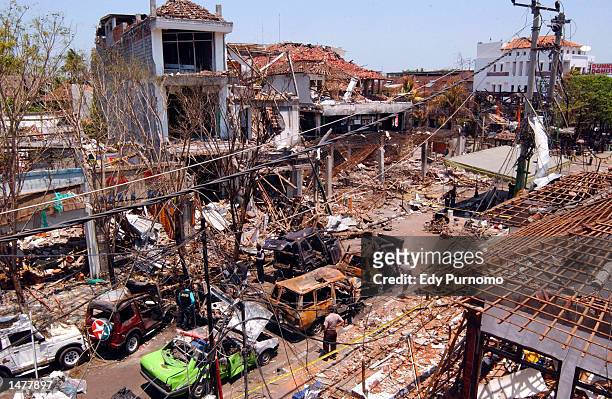 View of the bomb blast site on October 16, 2002 in Denpasar, Bali, Indonesia. The blast occurred in the popular tourist area of Kuta on October 12,...