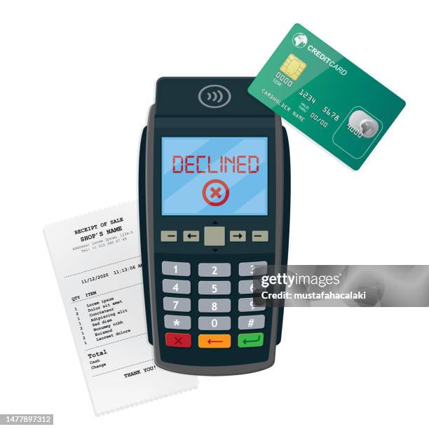 ilustraciones, imágenes clip art, dibujos animados e iconos de stock de tarjeta de crédito rechazada con terminal de pago sin contacto - deterioro