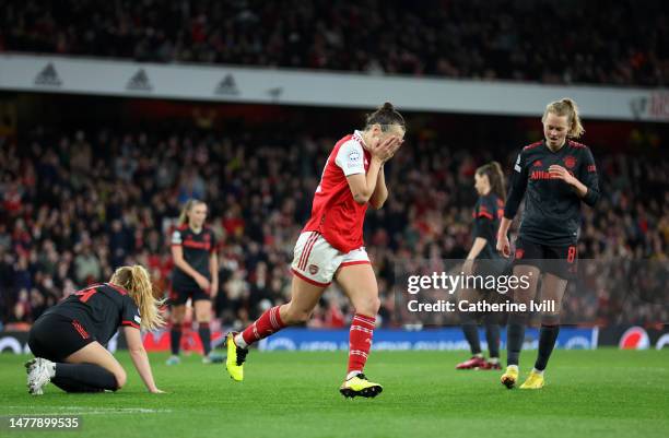 Caitlin Foord of Arsenal reacts after a missed chance during the UEFA Women's Champions League quarter-final 2nd leg match between Arsenal and FC...