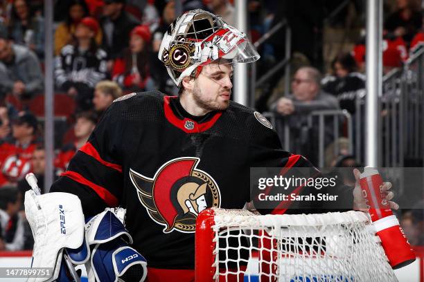 Dylan Ferguson of the Ottawa Senators looks on during the second period against the New Jersey Devils at Prudential Center on March 25, 2023 in...