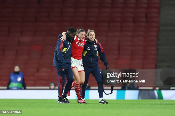 Katie McCabe of Arsenal is substituted after an injury during the UEFA Women's Champions League quarter-final 2nd leg match between Arsenal and FC...