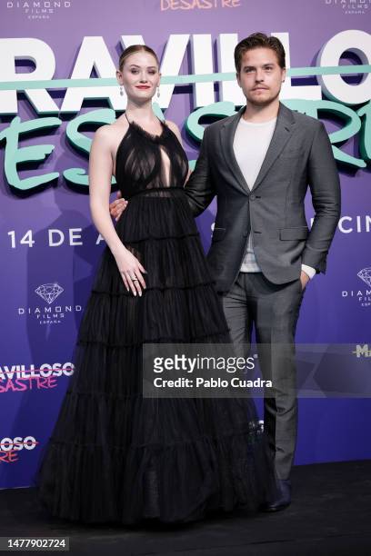 Actor Dylan Sprouse and actress Virginia Gardner attend the "Maravilloso Desastre" premiere at Cines Callao on March 29, 2023 in Madrid, Spain.