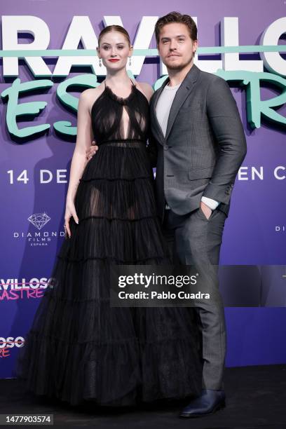 Actor Dylan Sprouse and actress Virginia Gardner attend the "Maravilloso Desastre" premiere at Cines Callao on March 29, 2023 in Madrid, Spain.