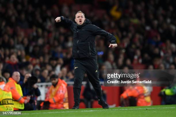 Jonas Eidevall, Manager of Arsenal, reacts during the UEFA Women's Champions League quarter-final 2nd leg match between Arsenal and FC Bayern München...