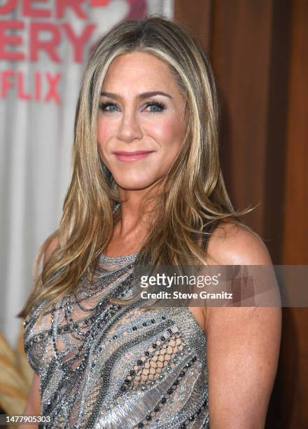 Jennifer Aniston arrives at the Los Angeles Premiere Of Netflix's "Murder Mystery 2" at Regency Village Theatre on March 28, 2023 in Los Angeles,...