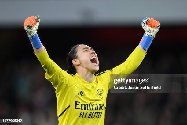 Manuela Zinsberger of Arsenal celebrates following the UEFA Women's Champions League quarter-final 2nd leg match between Arsenal and FC Bayern...