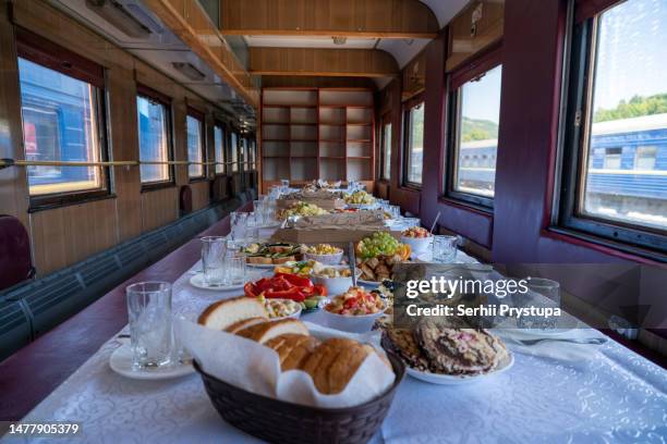 banquet table in the restaurant carriage - dining car stock pictures, royalty-free photos & images