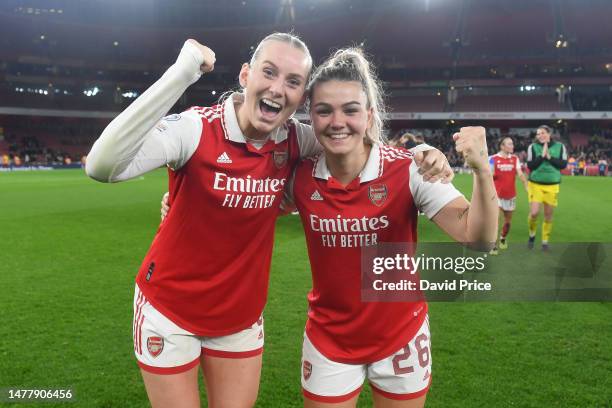 Stina Blackstenius and Laura Wienroither of Arsenal celebrate their win following the UEFA Women's Champions League quarter-final 2nd leg match...