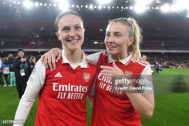 Lotte Wubben-Moy and Leah Williamson of Arsenal celebrate their win following the UEFA Women's Champions League quarter-final 2nd leg match between...