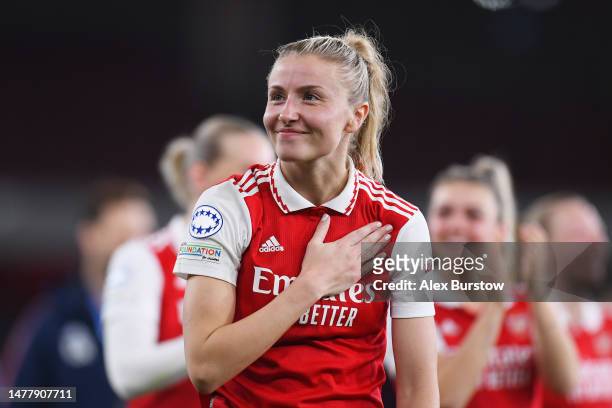 Leah Williamson of Arsenal celebrates following the team's victory in the UEFA Women's Champions League quarter-final 2nd leg match between Arsenal...