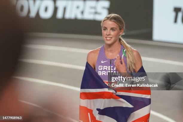 Keely Hodgkinson of Great Britain celebrates the victory in 800m women final during Day 3 of the European Athletics Indoor Championships at the...