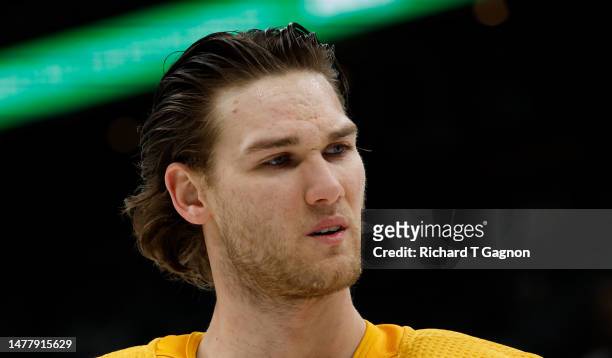 Mark Jankowski of the Nashville Predators skates in warm-ups prior to the game against the Boston Bruins at the TD Garden on March 28, 2023 in...