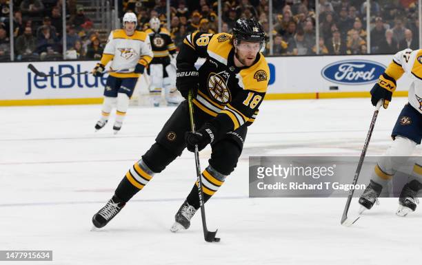 Pavel Zacha of the Boston Bruins skates against the Nashville Predators during the first period at the TD Garden on March 28, 2023 in Boston,...