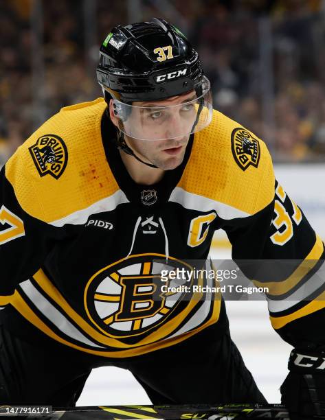 Patrice Bergeron of the Boston Bruins skates against the Nashville Predators during the third period at the TD Garden on March 28, 2023 in Boston,...