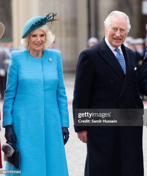 King Charles III and Camilla, Queen Consort attend a ceremonial welcome at Brandenburg Gate where they are welcomed by President Frank-Walter...