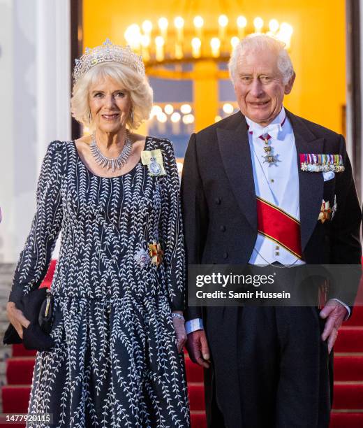 King Charles III and Camilla, Queen Consort attend a State Banquet at Schloss Bellevue, hosted by the President Frank-Walter Steinmeier and his wife...