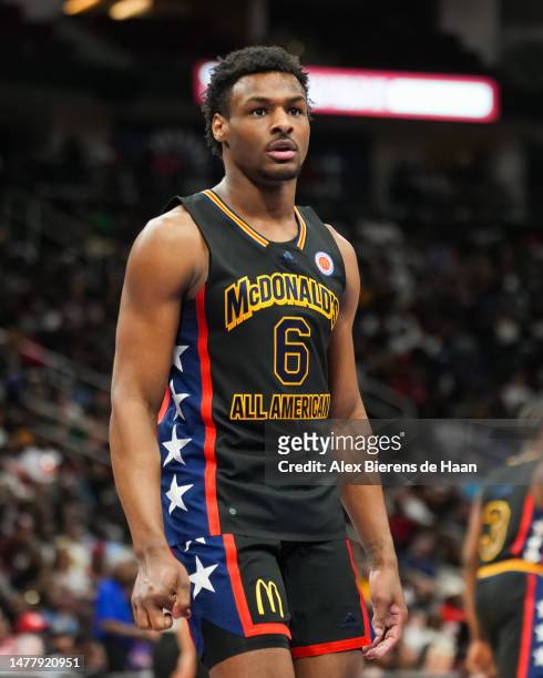 Bronny James of the West team looks on during the 2023 McDonald's High School Boys All-American Game at Toyota Center on March 28, 2023 in Houston,...