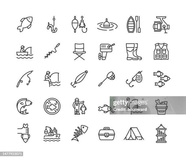 ilustraciones, imágenes clip art, dibujos animados e iconos de stock de iconos de líneas de pesca. trazo editable. - pesca