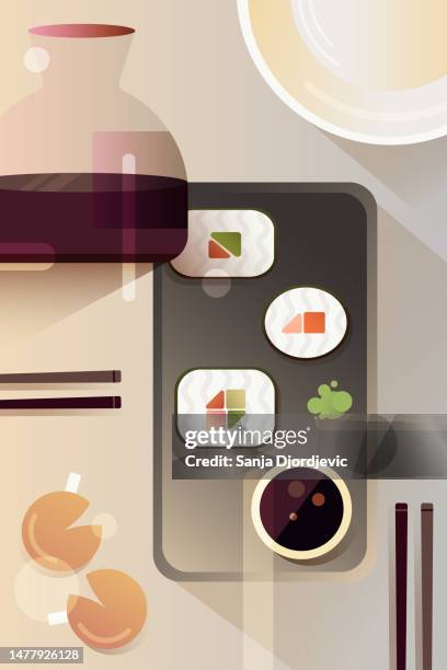 asian food served - cafe table top view stock illustrations