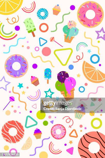 stockillustraties, clipart, cartoons en iconen met pattern illustration of sweet foods, doughnut, cup cake, lollipop, ice cream. - candy