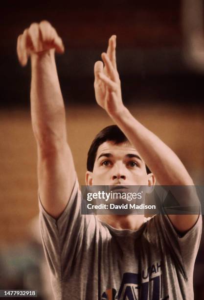 John Stockton of the Utah Jazz warms up before an NBA game against the Phoenix Suns played on April 9, 1990 at the Arizona Veterans Memorial Coliseum...