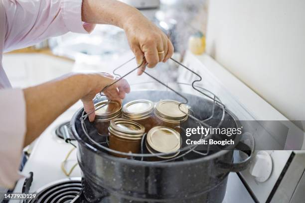 sterilizing glass canning jars in boiling water at home - canning stock pictures, royalty-free photos & images