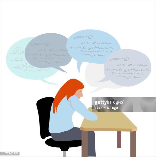 desk thoughts red - low self esteem stock illustrations