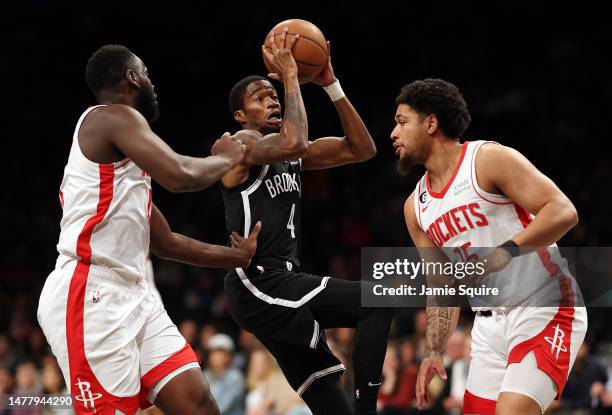 Edmond Sumner of the Brooklyn Nets drives toward the basket during the game against the Houston Rockets at Barclays Center on March 29, 2023 in New...
