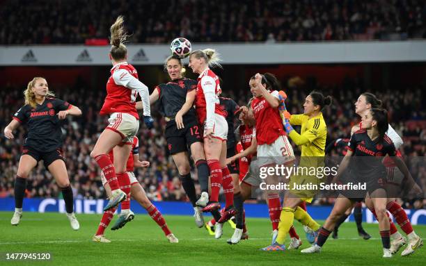 Sydney Lohmann of FC Bayern Munich battles for a header with Stina Blackstenius of Arsenal during the UEFA Women's Champions League quarter-final 2nd...