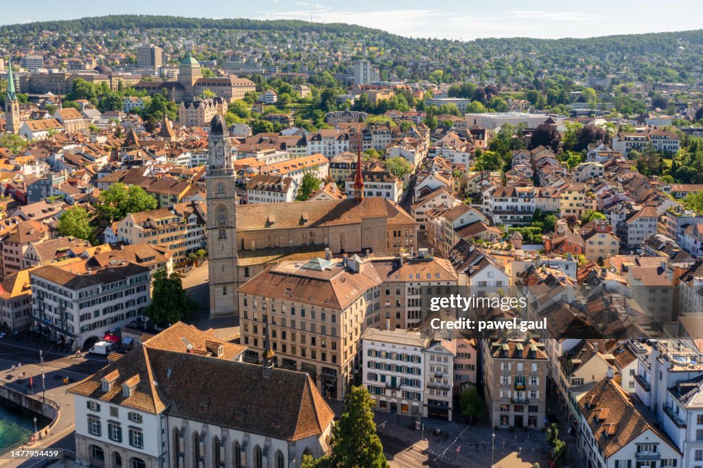Aerial view of Grossmunster Cathedral with Zurich cityscape, Switzerland