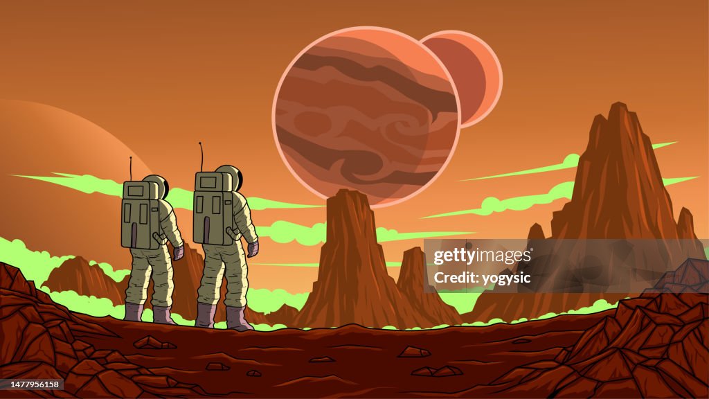 Vector Astronaut Team Exploring a New Planet Stock Illustration