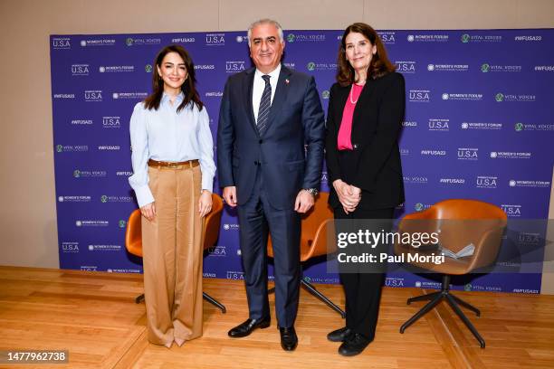 Actress and activist Nazanin Boniadi, Prince Reza Pahlavi, Advocate for a Secular Democratic Iran, and Journalist Kathryn Pilgrim participate in a...