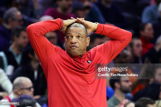 Head coach Doc Rivers of the Philadelphia 76ers reacts during the second quarter against the Dallas Mavericks at Wells Fargo Center on March 29, 2023...