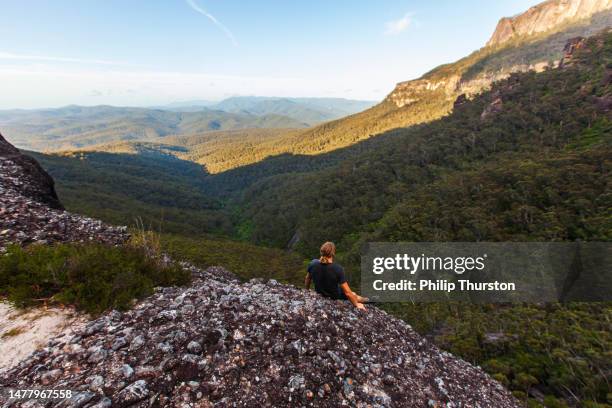 young man taking in the view on top of a mountain overlooking a vast dramatic landscape - forest new south wales stock pictures, royalty-free photos & images